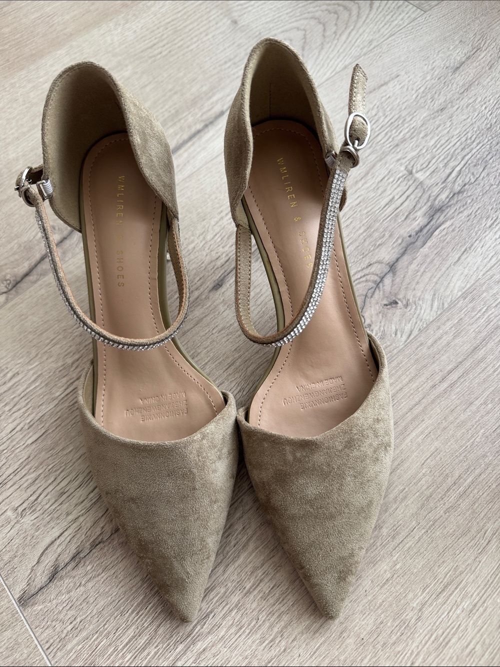 Beige Suede Pointed-Toe Ankle-Strap Pumps